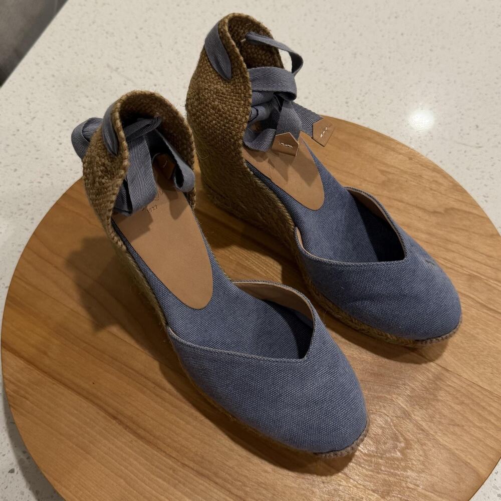 Castañer Sandals 36 Carina Cotton Canvas Espadrilles Blue Ankle Tie Elegant Chic